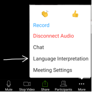 Zoom mobile menu showing Language Interpretation option